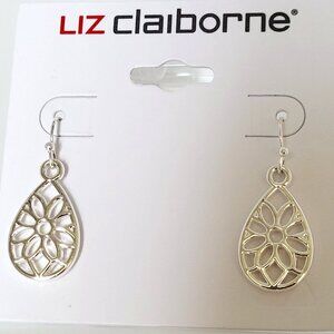 Liz Claiborne Silver Tone Teardrop Floral Earrings 1"